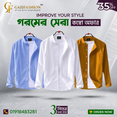 Men's Premium Quality Solid Band collar 3 Pics Combo Pack Long Sleeve Shirt Courtesy by Gazi Fashion