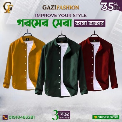 Men's Premium Quality Solid Band collar 3 Pics Combo Pack Long Sleeve Shirt Courtesy by Gazi Fashion