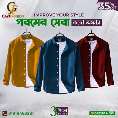 Men's Premium Quality Solid Band collar 3 Pics Combo Pack Long Sleeve Shirt Courtesy by Gazi Fashion