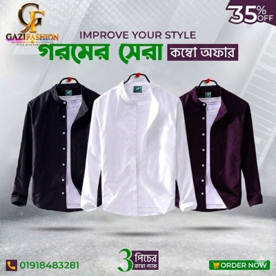 Men's Premium Quality Solid Band collar 3 Pics Combo Pack Long Sleeve Shirt Courtesy by Gazi Fashion