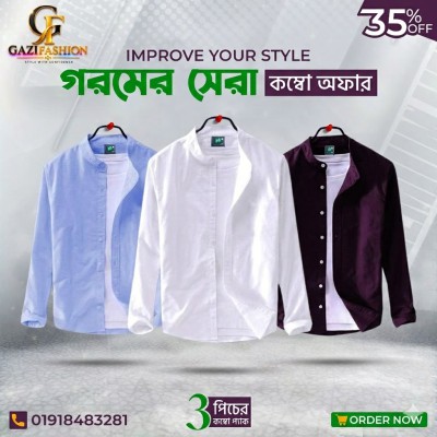 Men's Premium Quality Solid Band collar 3 Pics Combo Pack Long Sleeve Shirt