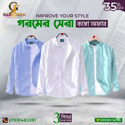 Men's Premium Quality Solid Band collar 3 Pics Combo Pack Long Sleeve Shirt Courtesy by Gazi Fashion