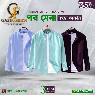 Men's Premium Quality Solid Band collar 3 Pics Combo Pack Long Sleeve Shirt Courtesy by Gazi Fashion