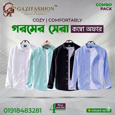 Men's Premium Quality Solid Band collar 4 Pics Combo Pack Long Sleeve Shirt