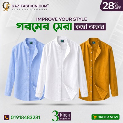 Men's Premium Quality Solid Band collar 3 Pics Combo Pack Long Sleeve Shirt Courtesy by Gazi Fashion