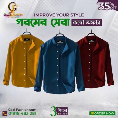 Men's Premium Quality Solid Band collar 3 Pics Combo Pack Long Sleeve Shirt Courtesy by Gazi Gashion