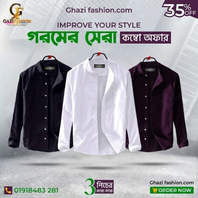 Men's Premium Quality Solid Band collar 3 Pics Combo Pack Long Sleeve Shirt Courtesy by Gazi Fashion