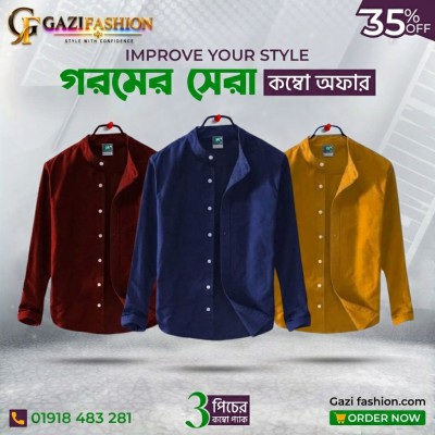 Men's Premium Quality Solid Band collar 3 Pics Combo Pack Long Sleeve Shirt