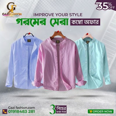 Men's Premium Quality Solid Band collar 3 Pics Combo Pack Long Sleeve Shirt Courtesy by Gazi Fashion