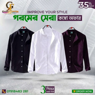 Men's Premium Quality Solid Band collar 3 Pics Combo Pack Long Sleeve Shirt Courtesy by Gazi Fashion