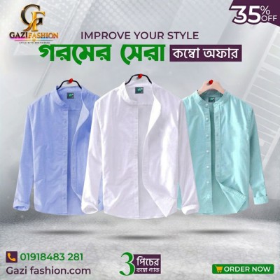Men's Premium Quality Solid Band collar 3 Pics Combo Pack Long Sleeve Shirt Courtesy by Gazi Fashion Ask for details