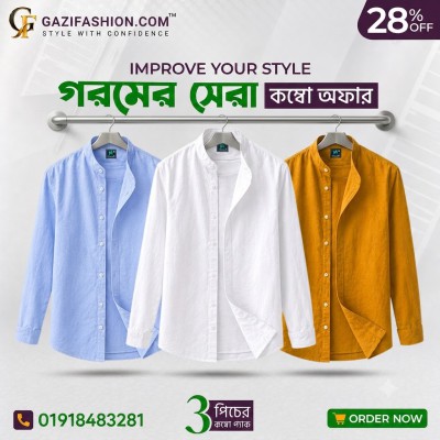Men's Premium Quality Solid Band collar 3 Pics Combo Pack Long Sleeve Shirt Courtesy by Gazi Fashion