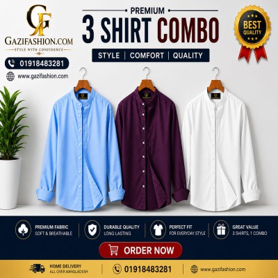 Men's Premium Quality Solid Band collar 3 Pics Combo Pack Long Sleeve Shirt Courtesy by Gazi Fashion