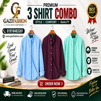 Men's Premium Quality Solid Band collar 3 Pics Combo Pack Long Sleeve Shirt Courtesy by Gazi Fashion