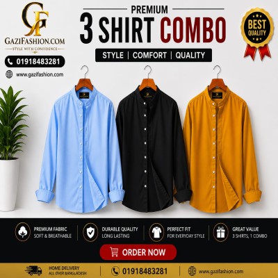 Men's Premium Quality Solid Band collar 3 Pics Combo Pack Long Sleeve Shirt Courtesy by Gazi Fashion