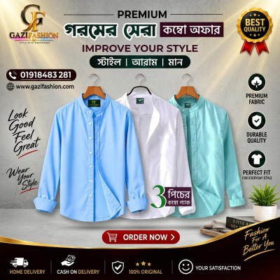 Men's Premium Quality Solid Band collar 3 Pics Combo Pack Long Sleeve Shirt Courtesy by Gazi Fashion Ask for details