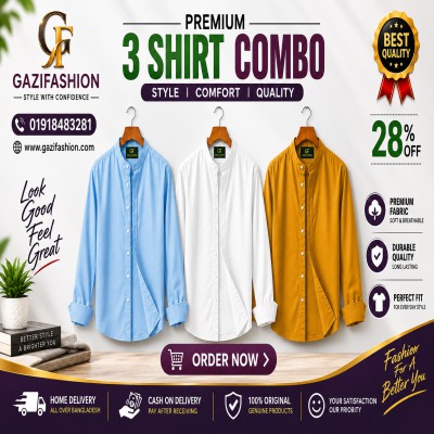 Men's Premium Quality Solid Band collar 3 Pics Combo Pack Long Sleeve Shirt Courtesy by Gazi Fashion