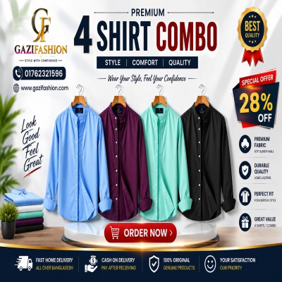 Men's Premium Quality Solid Band collar 4 Pics Combo Pack Long Sleeve Shirt Courtesy by Gazi Fashion