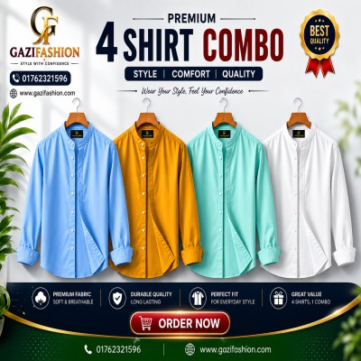 Men's Premium Quality Solid Band collar 4 Pics Combo Pack Long Sleeve Shirt Courtesy by Gazi Fashion.com