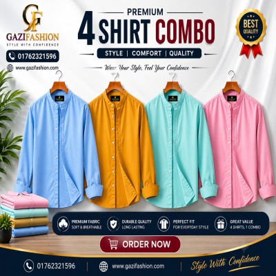 Men's Premium Quality Solid Band collar 4 Pics Combo Pack Long Sleeve Shirt Courtesy by Gazi Fashion
