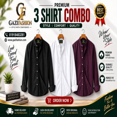 Men's Premium Quality Solid Band collar 3 Pics Combo Pack Long Sleeve Shirt Courtesy by Gazi Fashion