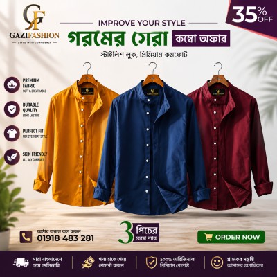 Men's Premium Quality Solid Band collar 3 Pics Combo Pack Long Sleeve Shirt Courtesy by Gazi Gashion