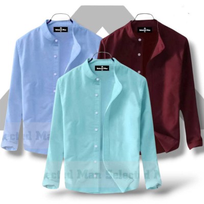 Men's Premium Quality Solid Band collar 3 Pics Combo Pack Long Sleeve Shirt Courtesy by Gazi Fashion