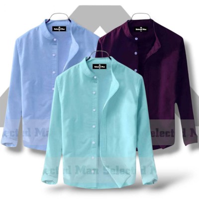 Men's Premium Quality Solid Band collar 3 Pics Combo Pack Long Sleeve Shirt Courtesy by Gazi Fashion -