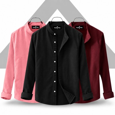 Men's Premium Quality Solid Band collar 3 Pics Combo Pack Long Sleeve Shirt Courtesy by Gazi Fashion -