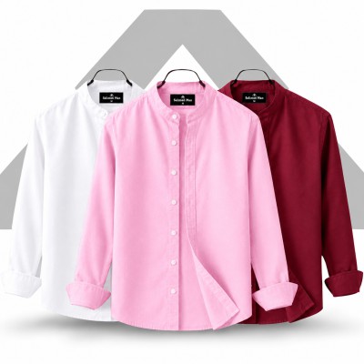 Men's Premium Quality Solid Band collar 4 Pics Combo Pack Long Sleeve Shirt Courtesy by Gazi Fashion.com