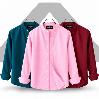 Men's Premium Quality Solid Band collar 3 Pics Combo Pack Long Sleeve Shirt Courtesy by Gazi Fashion