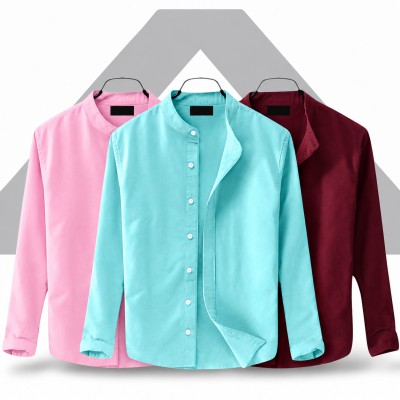 Men's Premium Quality Solid Band collar 3 Pics Combo Pack Long Sleeve Shirt Courtesy by Gazi Fashion