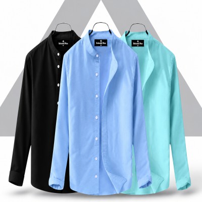 Men's Premium Quality Solid Band collar 3 Pics Combo Pack Long Sleeve Shirt Courtesy by Gazi Gashion
